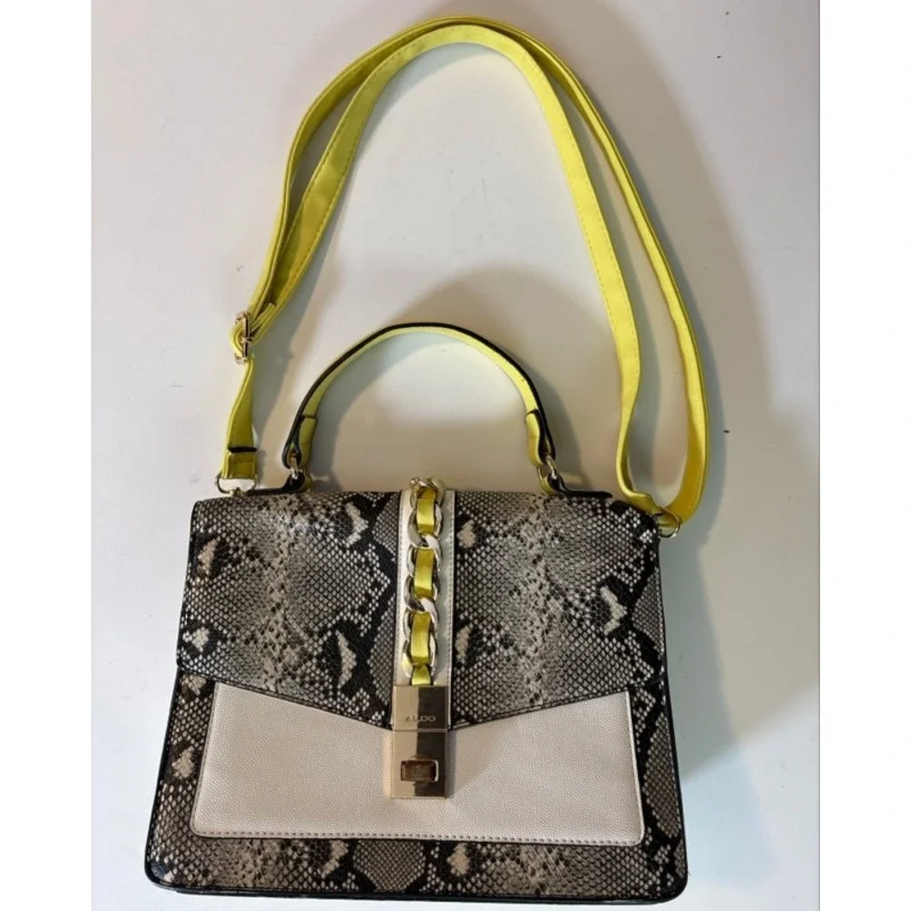 Aldo Snakeskin Print Satchel Neon Yellow Grey White Crossbody Handbag